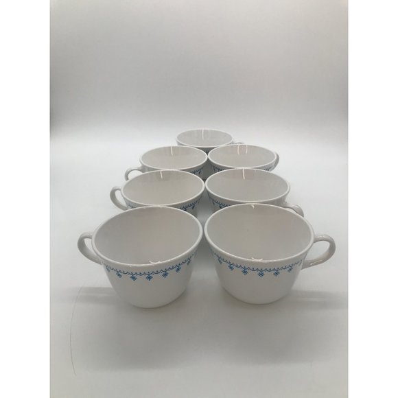 Set of 7 Vintage Corelle White w/Blue Snowflakes Ceramic Coffee Cups 6 oz. - Picture 3 of 4